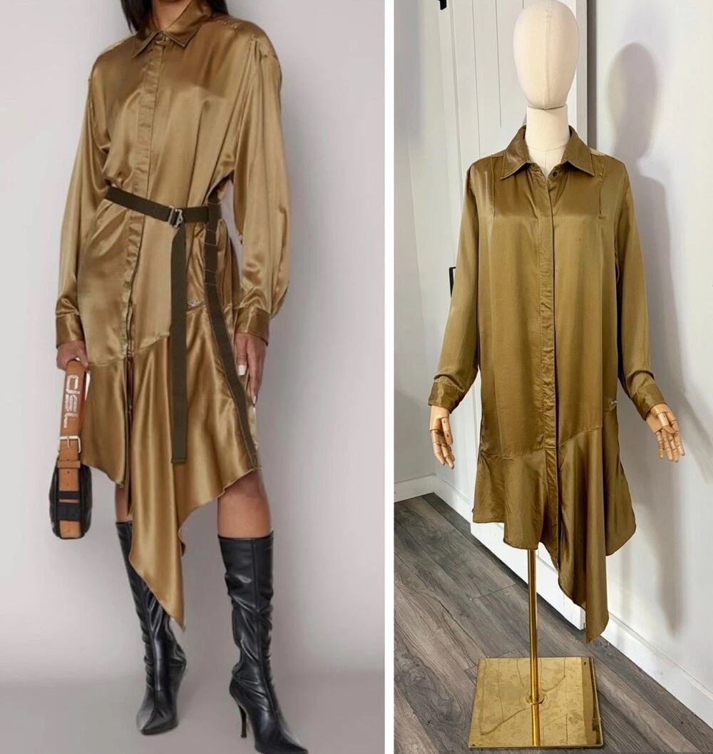 Diesel D-WEIGELA Size S ASYMMETRIC FLUID SATIN Shirt Dress Silk Blend Khaki
